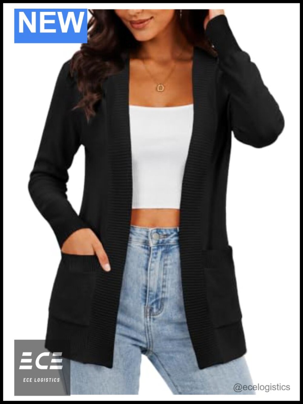Open Front Cardigan Sweater with Pockets Viscose Nylon Knit